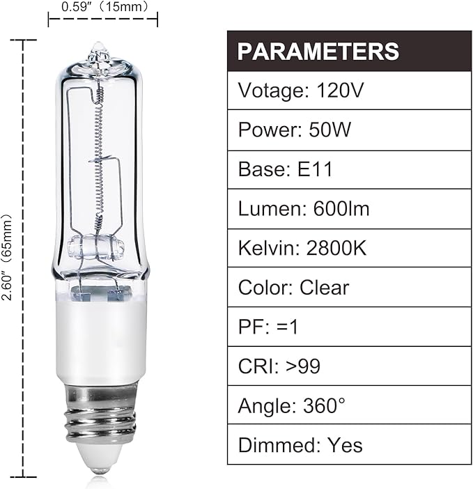 GMY JDE11 120V 50W T4 JDE11 Bulb, Mini Candelabra Base E11 Bulb, 600lm 2800K Clear Dimmable 50 watt Halogen Light Bulbs for Ceiling Fan Light Bulbs Replace E11 Led Bulb - 4Pack