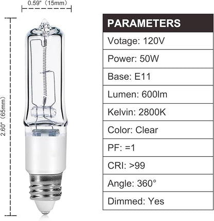 GMY JDE11 120V 50W T4 JDE11 Bulb, Mini Candelabra Base E11 Bulb, 600lm 2800K Clear Dimmable 50 watt Halogen Light Bulbs for Ceiling Fan Light Bulbs Replace E11 Led Bulb - 4Pack