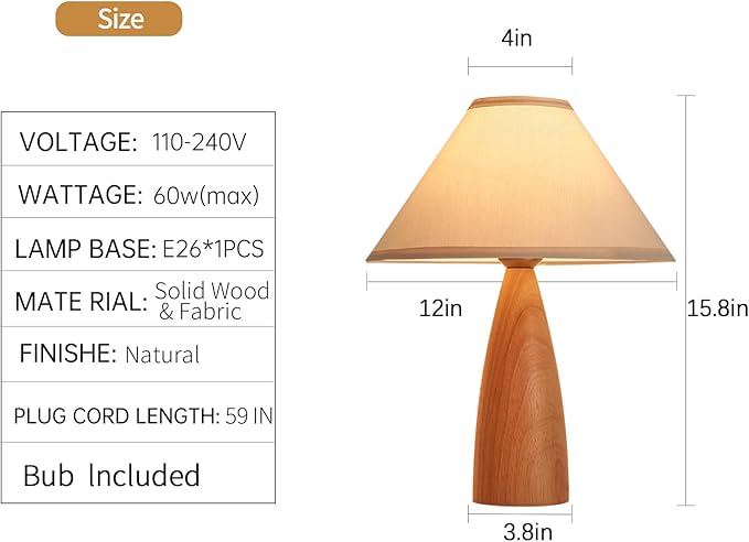 Bedside Table Lamp for Bedroom, Mid-Century Modern Plug in Fabric Shade & Solid Wood Base Desk Lamp, Plug & Play Yellow Wood Nightstand Lamp for Living Room, Office 【Bulb Included】