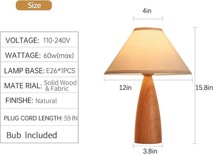 Bedside Table Lamp for Bedroom, Mid-Century Modern Plug in Fabric Shade & Solid Wood Base Desk Lamp, Plug & Play Yellow Wood Nightstand Lamp for Living Room, Office 【Bulb Included】