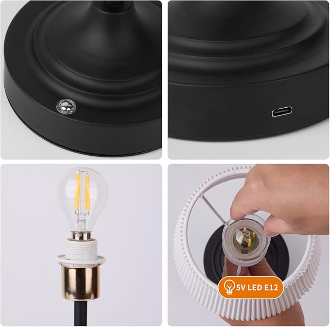 Cordless LED Table Lamp,Portables Fabric Shade Desk Lamps, 5000mAh Rechargeable Battery Powered Lighting, Dimmable Light for Dining Room, Bedroom, Bedside, Night Light, Balcony (Black-02)