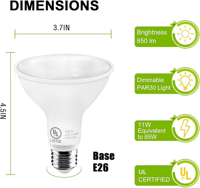 LightingWill 11W Par30 LED Bulb (75W Equivalent), UL Listed, 3000K Warm White Dimmable Flood Light Bulbs, 850 Lumens, E26 Base, LED Recessed Light Bulbs for Indoor Outdoor, 6 Pack