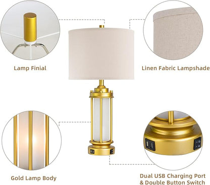 Set of 2 Modern Table Lamps for Living Room, Farmhouse Vintage Bedside Lamp with 2 USB Ports Glass Nightlight, Gold Nightstand Desk Lamps for Entryway Bedroom Dresser, 4 Bulbs Included