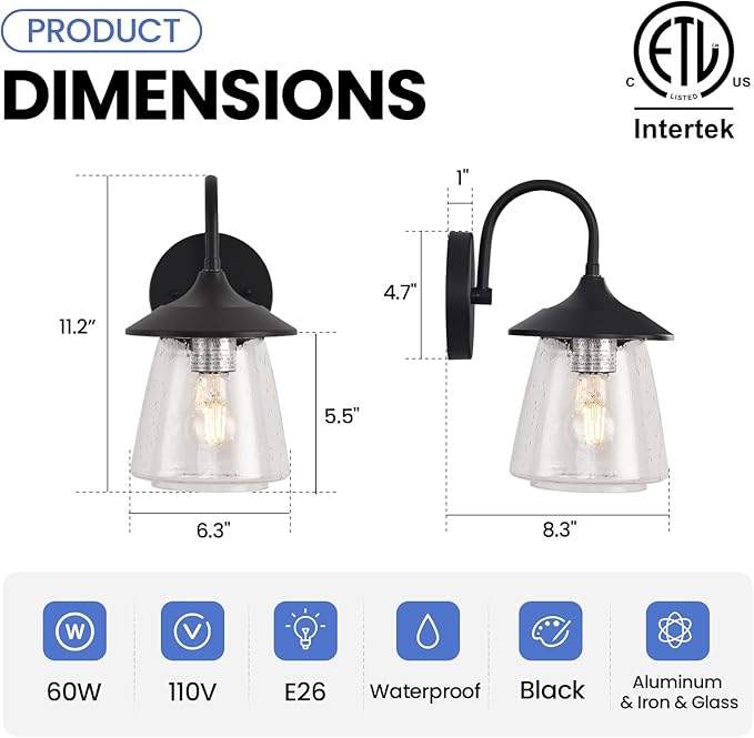 Outdoor Wall Sconce, Exterior Waterproof Wall Light Fixture, Outside Porch Light with Bubble Glass Shade, Matte Black Outdoor Wall Lantern for Patio, Garage, entryway, 2-Pack