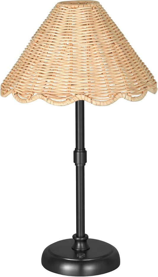 Cordless Boho Rattan Table Lamp Black, 5200-mAh Rechargeable Battery, 3-Level Brightness Dimmable, Build-in Integrated LED 320 Lumen Max, Rattan Shade, for Bedside Restaurant Dining Table