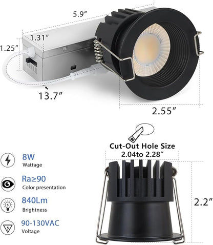 Adetu 2 Inch 5CCT Black Anti-Glare LED Downlight with Junction Box, 2700K/3000K/4000K/5000K Selectable, CRI90+, 8W COB, 840LM, IP65 Waterproof, Dimmable-ETL and Energy Star Certified (Black,1 Pack)