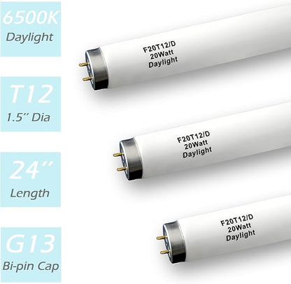 6 Pack 2FT F20T12/D Daylight Fluorescent Bulb, 24 Inch 6500K 20 Watt Full Spectrum Light, 1.5 Inch Diameter T12 Linear Tube, High Transparency CRI 85+