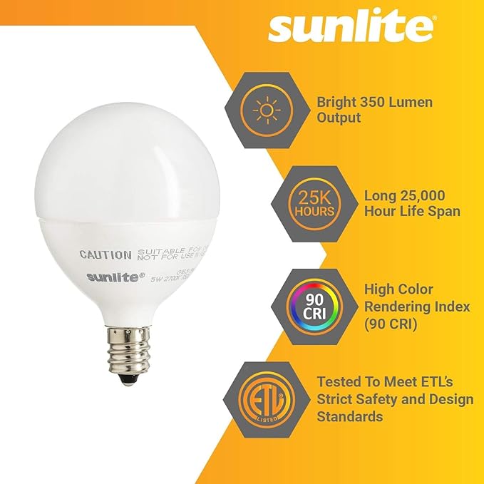 Sunlite LED G16.5 Light Bulb, 5 Watts (40W Equivalent), 350 Lumens, 90 CRI, Candelabra Base (E12), Frost, Dimmable, Title-20 Compliant, ETL Listed, 3000K Warm White, 6 Pack
