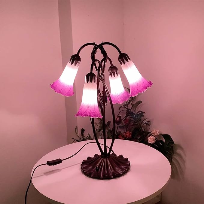 Bieye L10851 Lily Flower Blown Glass Accent Table Lamp for Living Room Bedroom Decoration (4-Light, Purple)