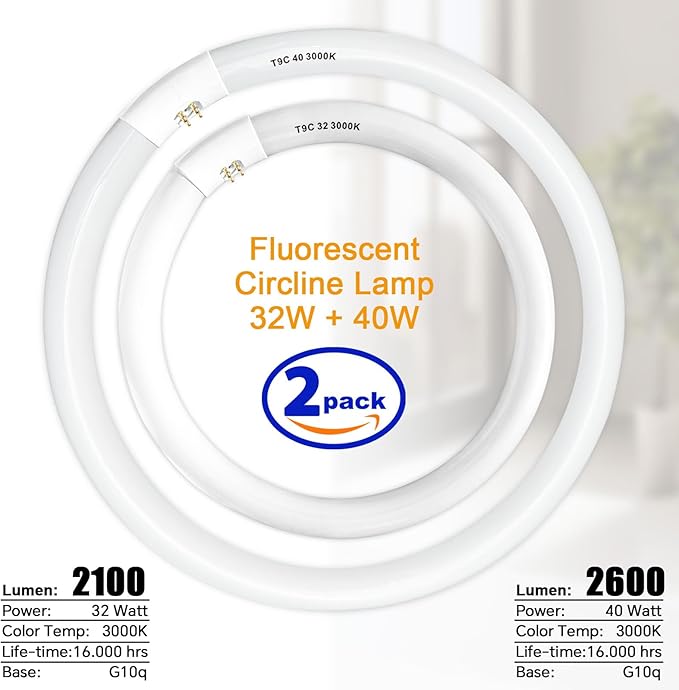 FC16T9/WW 40 Watt and FC12T9/WW 32W Set, 3000K Soft White, 16'' T9 40W Circline Light Bulbs, 12 inch 32 Watt Circular Fluorescent Tube, Round Fluorescent Bulb CRI 82, 5700 Lumen G10q