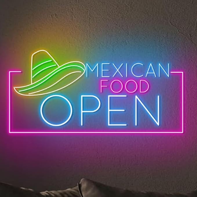 Mexican Food Open Neon Sign, 20" LED Restaurant Sign, Taco Bar Neon Light, Mexican Restaurant Decor