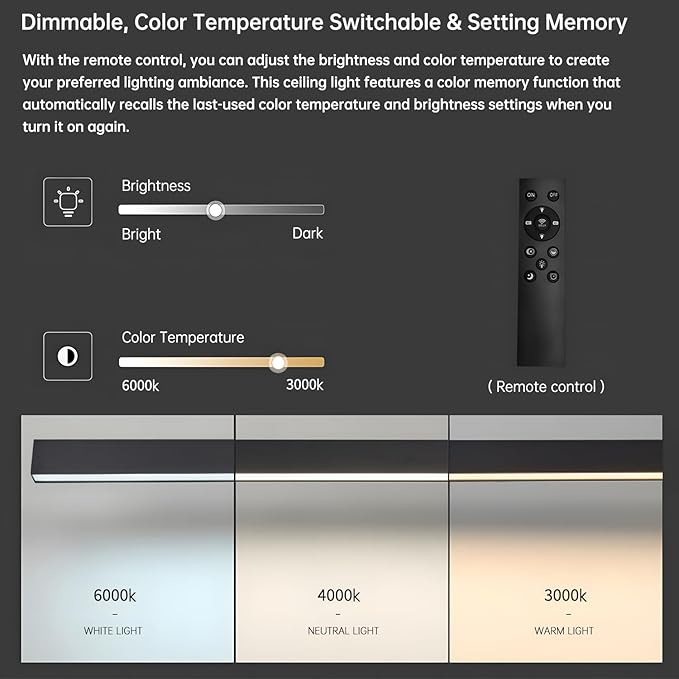 Black ceiling light LED, modern and simple, long strip ceiling surface installation, suitable for living room, bedroom, corridor and kitchen, remote control to switch color and brightness, 39.3 inches