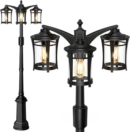 Lotsky Motion Sensor Outdoor Post Lights,360°Detection Dusk to Dawn Lamp Posts Outdoor Lighting with 3 Modes,Black 3-Head Aluminum Outside Street Light for Garden,Driveway,Patio,Waterproof,E26 Base