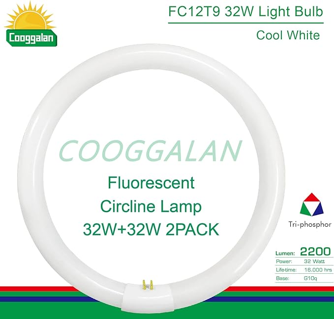FC12T9/CW 32W Cool White Circular Light Bulbs, 12 inch Round T9 32 Watts FC12T9/841 4100K Circline Fluorescent Bulb, Replacement Kitchen and Bath Circle Light Bulb, G10q 4 Pin Prong, 2 Pack