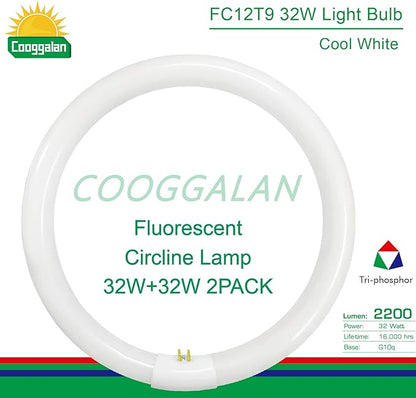 FC12T9/CW 32W Cool White Circular Light Bulbs, 12 inch Round T9 32 Watts FC12T9/841 4100K Circline Fluorescent Bulb, Replacement Kitchen and Bath Circle Light Bulb, G10q 4 Pin Prong, 2 Pack