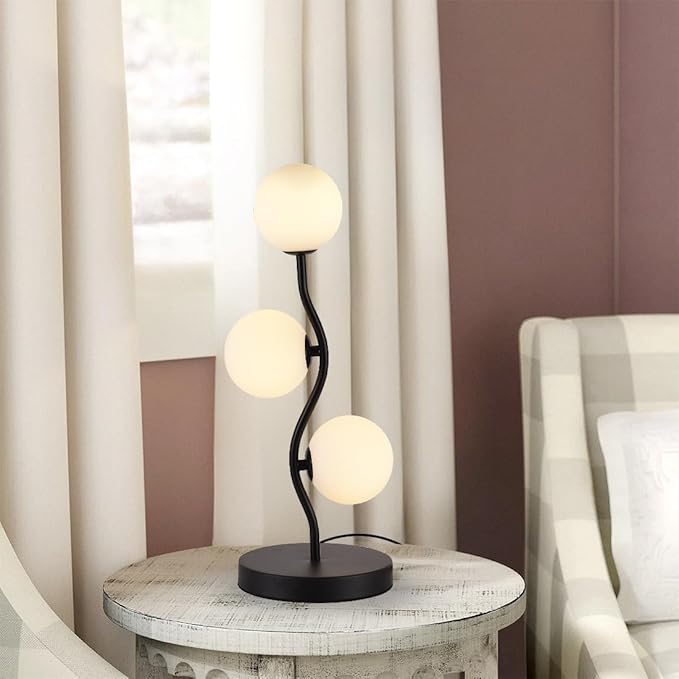 3-Light Curve Black Globe Table Lamp Mid Century Flower Beside Desk Table Light with Milk White Glass Shade Metal Base Nightstand Lamp for Bedroom Bedside