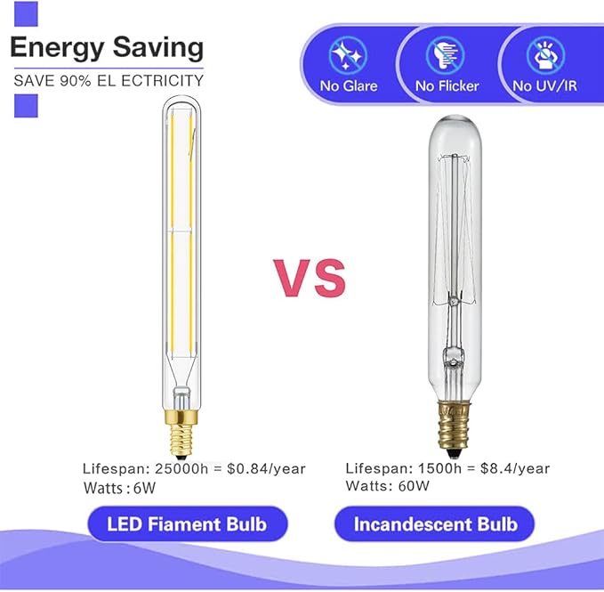 Leools E12 LED Bulb Dimmable 6W Equal 60-75 watt Light Bulb,7.3 Inch Long Led Tubular Light Bulbs,4000K Daylight AC120V 750LM T6 E12 Candelabra Bulb 60 watt for Chandeliers.6Pack