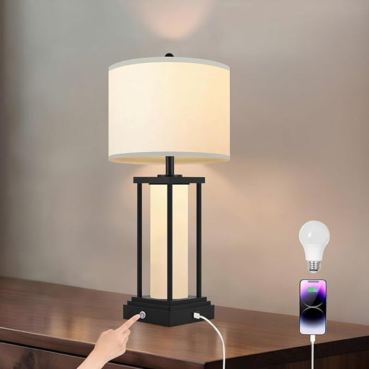 26.8‘’ Modern Table Lamps, Bedside Lamps, Night Stand Lamp, Table Lamp with USB Port, Elegant Lamps for Bedroom, 3 Color Temperatures, Stepless Dimming(Bulbs Included) - 1 Pack