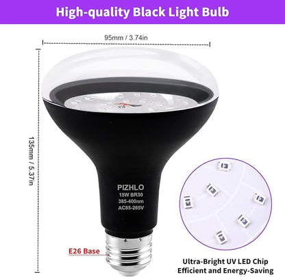 4 Pcs 15W LED Black Light Bulbs, BR30 E26 Black Shell Blacklight LED Bulb, 385-400nm, Glow in The Dark for Blacklight Party, Body Paint, Fluorescent Poster, Halloween Decoration,Non-Waterproof