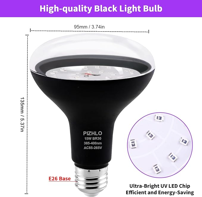 2 Pack 15W LED Black Light Bulbs, BR30 E26 Black Shell Blacklight LED Bulb, 385-400nm, Glow in The Dark for Blacklight Party, Body Paint, Fluorescent Poster, Halloween Decoration