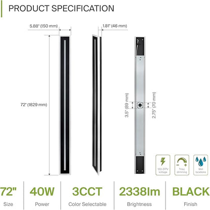 ASD LED 72" Long Wall Mount Light Fixture, Outdoor & Indoor Linear Sconce | 3CCT, Dimmable, Waterproof, Anti-Rust, ETL Listed | 40W 2330LM 3000-5000K 100-277V | Exterior Porch Lighting | Black
