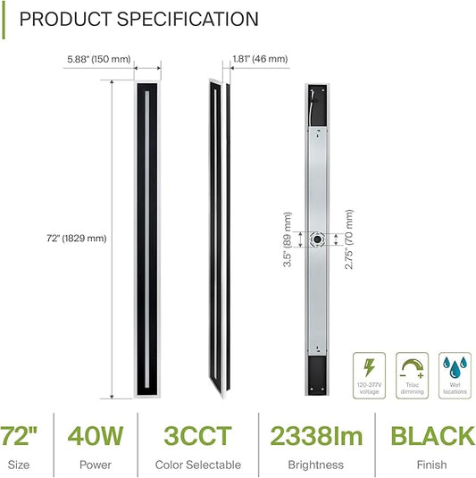 ASD LED 72" Long Wall Mount Light Fixture, Outdoor & Indoor Linear Sconce | 3CCT, Dimmable, Waterproof, Anti-Rust, ETL Listed | 40W 2330LM 3000-5000K 100-277V | Exterior Porch Lighting | Black