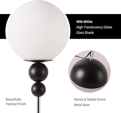 Modern Glass Floor Lamp for Bedroom, 63'' Vintage Mid-Century Floor Lamp with Milky White Frosted Glass Globe Shade for Living Room Corner, Slim Standing Reading Lamp for Office Decor (Black)
