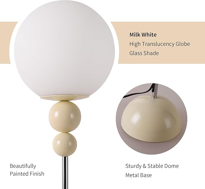 Modern Glass Floor Lamp for Bedroom, 63'' Vintage Mid-Century Floor Lamp with Milky White Frosted Glass Globe Shade for Living Room Corner, Slim Standing Reading Lamp for Office Decor (White)