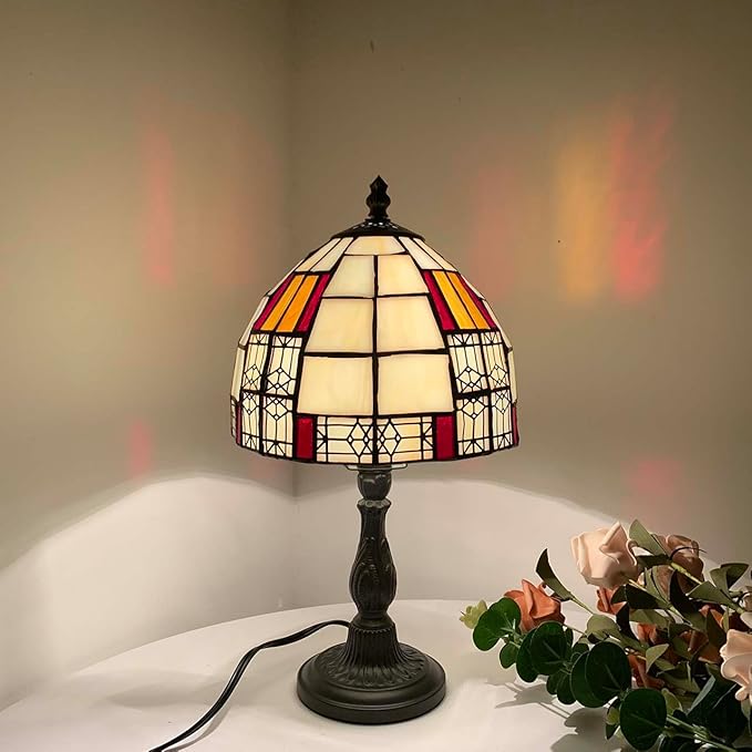 Bieye L10728 Color Block Tiffany Style Stained Glass Table Lamp with 8-inch Wide Lampshade for Bedside Bedroom Living Room, 13" H