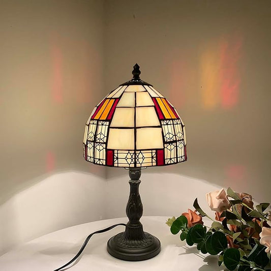 Bieye L10728 Color Block Tiffany Style Stained Glass Table Lamp with 8-inch Wide Lampshade for Bedside Bedroom Living Room, 13" H