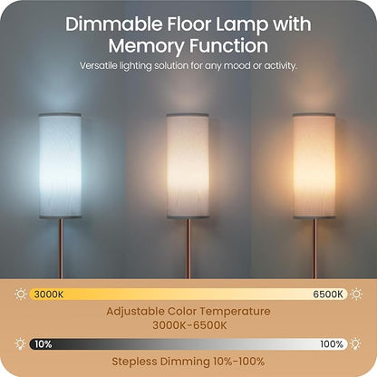 Dimmable Floor Lamps for Living Room with Remote and Foot Switch, 64.4” Modern Standing Tall Lamp, Corner Lamp for Bedroom, Bulb Included, 3000K-6500K, White and Brown VCW06LD05W1