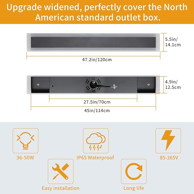Upgrade Widened 2 Pack Modern Outdoor Wall Sconce, 47.2inch Dimmable Exterior LED Light Fixture 3000K-6000K, IP65 Waterproof, Black Wall Mounted Lamp for Balcony, Garden, Shop with Remote Control