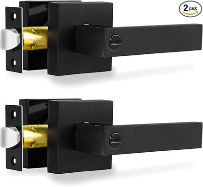 Privacy Interior Door Lever, 2 Pack Heavy Duty Matte Black Door Handles Square Door Knobs for Bedroom & Bathroom Keyless Door Lock Handles for Right & Left Sided Doors