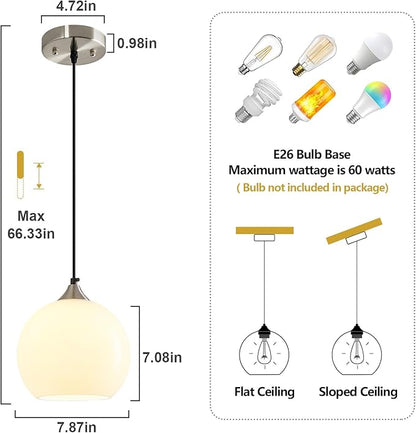 Milky Luster Glass Pendant Lights Kitchen Island Globe Pendant Light Fixtures Modern Pendant Lighting for Bedroom Living Dining Room Light Fixture (7.87 in, 2 Pack)