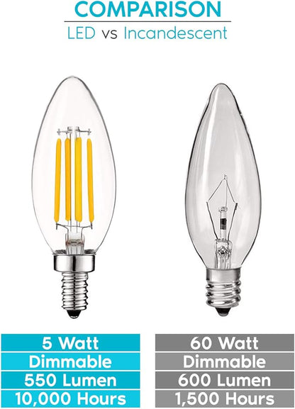 LUXRITE Vintage Candelabra LED Bulb, 60W Equivalent, 550 Lumens, 2700K Warm White, Dimmable, Clear Glass, Filament LED Candle Bulbs, UL Listed, E12 Base (12 Pack)