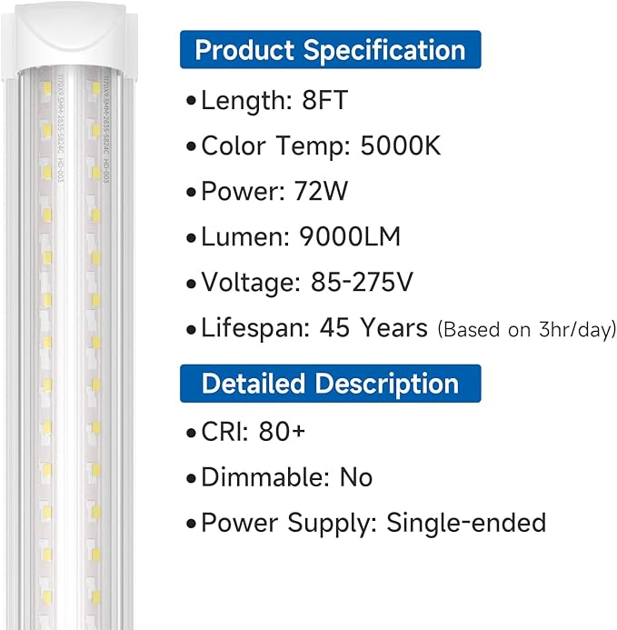 SHINESTAR 8FT 20-Pack LED Shop Light, Linkable T8 Tube Light Fixture for Garage, Basement, Office, 9000LM Super Bright, Daylight White 5000K, Plug and Play