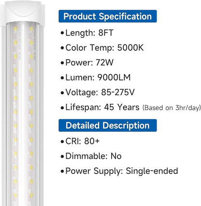 SHINESTAR 8FT 20-Pack LED Shop Light, Linkable T8 Tube Light Fixture for Garage, Basement, Office, 9000LM Super Bright, Daylight White 5000K, Plug and Play