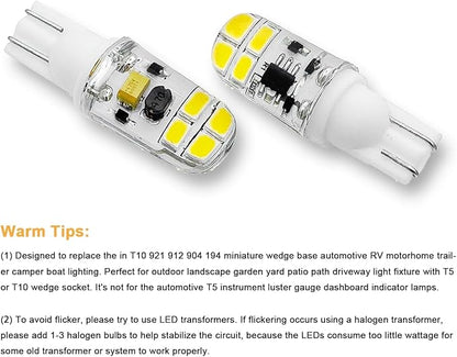 KAKEMONO T5 T10 Wedge Base 2W LED Bulb for 12V 24volt Landscape Path Light, 921 922 912 194 168 T10 wedge RV Camper Trailer Motorhome Marine Boat Dome Light, 6000K Daylight White, 10 Pack