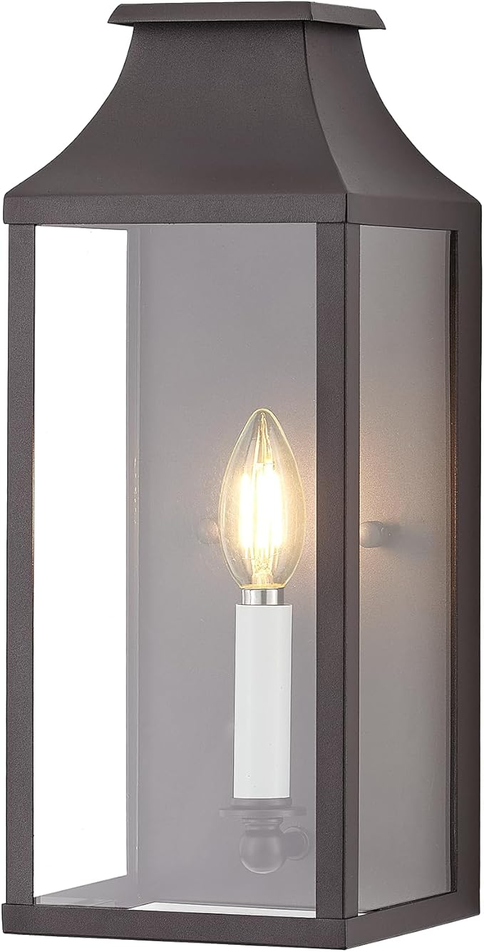14" Small Classic Outdoor Wall Lantern Light for House Exterior,Handcrafted Old Rust Metal Cage Mounted Pocket Wall Sconce W/Clear Tempered Glass,Waterproof for Porch, Patio, Garage&Front Door E12