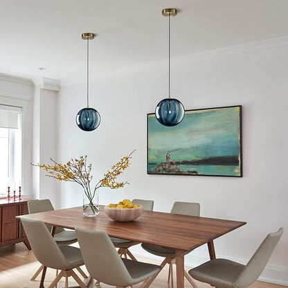 KCO Lighting Glass Globe Pendant Light Single Blue Pendant Lights Kitchen Island Brushed Gold Hanging Light Fixture Mid Century Retro Hanging Lamp Vintage Striped Pendant Light