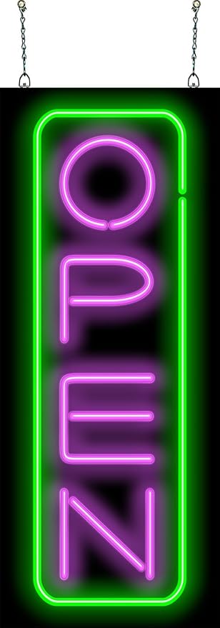 Vertical Deluxe Neon Open Sign - 13" wide x 32" high - Purple Letters with a Green Outer Border - Real, Quality Hand Bent Neon