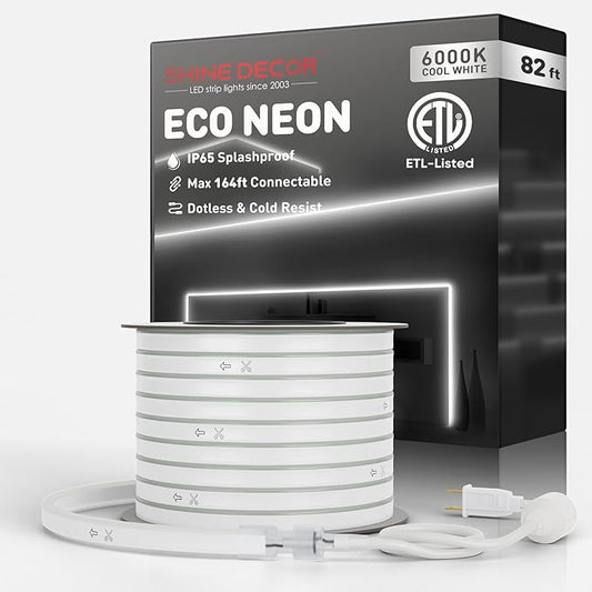 Shine Decor LED Rope Lights AC 120V, Connectable & Cuttable Dotless 120LEDs/M Eco Neon Strip Lighting, ETL IP65 Waterproof & Weather-Resistant for Home Commercial, 8x16mm, 6000K Cool White, 82FT