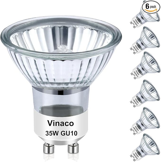 Vinaco Halogen GU10+C 120V 35W Long Lasting, Candle Warmer lamp Bulb 35 watt Warm White 2800K, Dimmable 35watt MR16 with Glass Cover for Track Lighting, Range Hood, Pack of 6