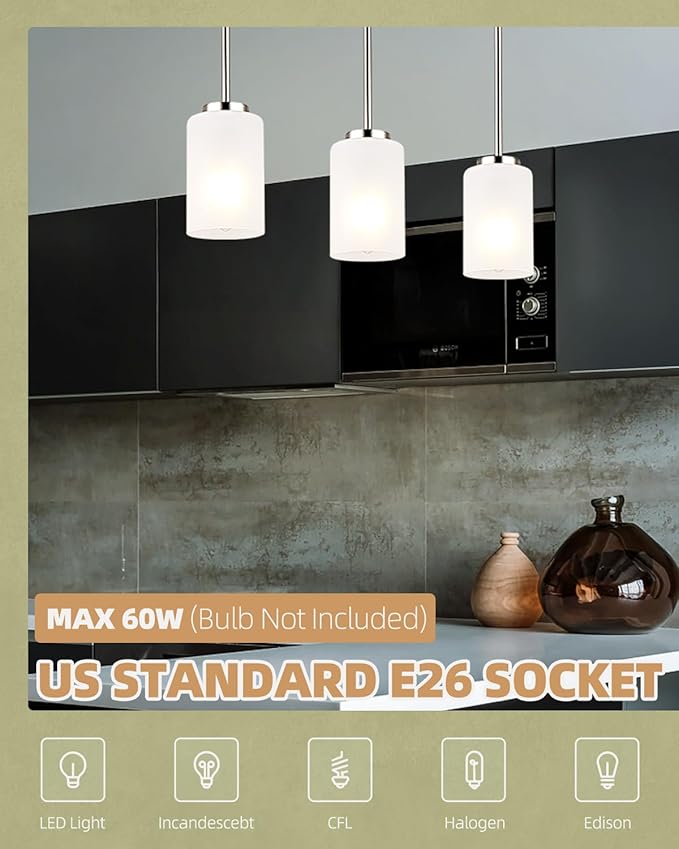 3 Pack Mini Pendant Light, Brushed Nickel Hanging Ceiling Lights with White Frosted Glass Shade, Modern Adjustable Lights for Kitchen Island Bedroom Hallway