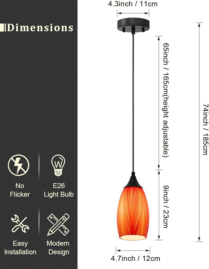 ANYLOVE Vintage Art Orange Pendant Lighting,3-Pack Hand Glass Hanging Light Fixture,Adjustable Cord for Kitchen,Hallway,Dining Room