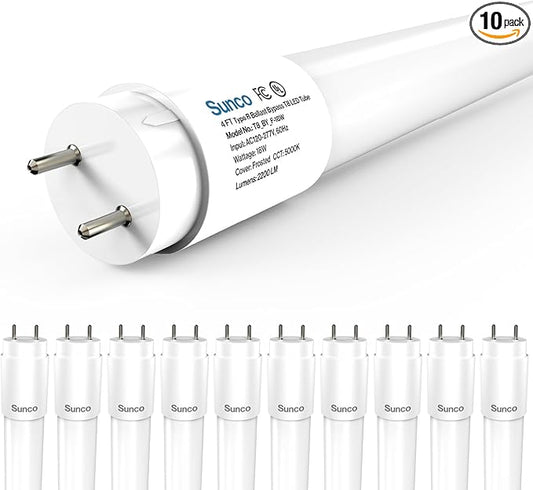 Sunco 10 Pack T8 LED Bulbs 4 Foot, Tube Light Bulbs Ballast Bypass, 48 Inch Fluorescent Replacement, 2200 LM, 18W, 5000K Daylight, Single Ended Power, Type B, Frosted Lens UL