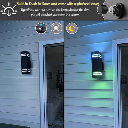 Up Down Wall Sconce RGB Color Changing Lights 1200lm, Dusk to Dawn Outdoor Lighting Fixture 2 Pack, Milight Remote Control Smart Exterior Lights with Tunable White 2700k-6500k (ETL Listed)