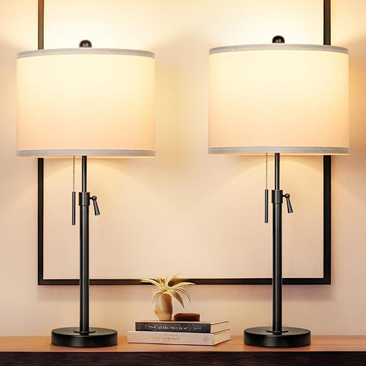 Table Lamps for Bedrooms Set of 2, 22" to 30" Height Adjustable Nightstand Lamps with Linen Shade, Pull Chain Switch Lamps for Living Room, 3 Way Dimmable Beside Lamp