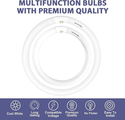 FC16T9/CW 40 Watt and FC12T9/CW 32W Set Cool White, 16'' T9 40 Watt Circline Light Bulbs, 12 inch 32W Circular Fluorescent Tube, Round Fluorescent Bulb CRI 82, 4100K, 5300 Lumen G10q