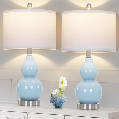 22" Double Gourd Ceramic Table Lamps Set of 2, Blue Modern Bedside Lamps for Living Room, Contemporary Nightstand Desk Lamps for Bedroom End Table Home Office Study Room Decor(2 LED Bulbs Included)
